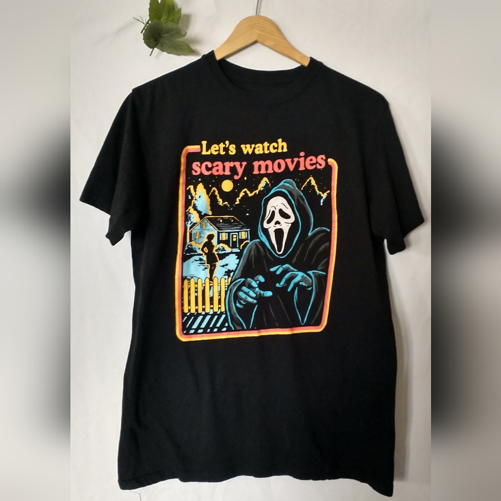 90"S Y2K Scream Ghost Face Black  T-Shirt - Let's Watch Scary Movies M Soft!!